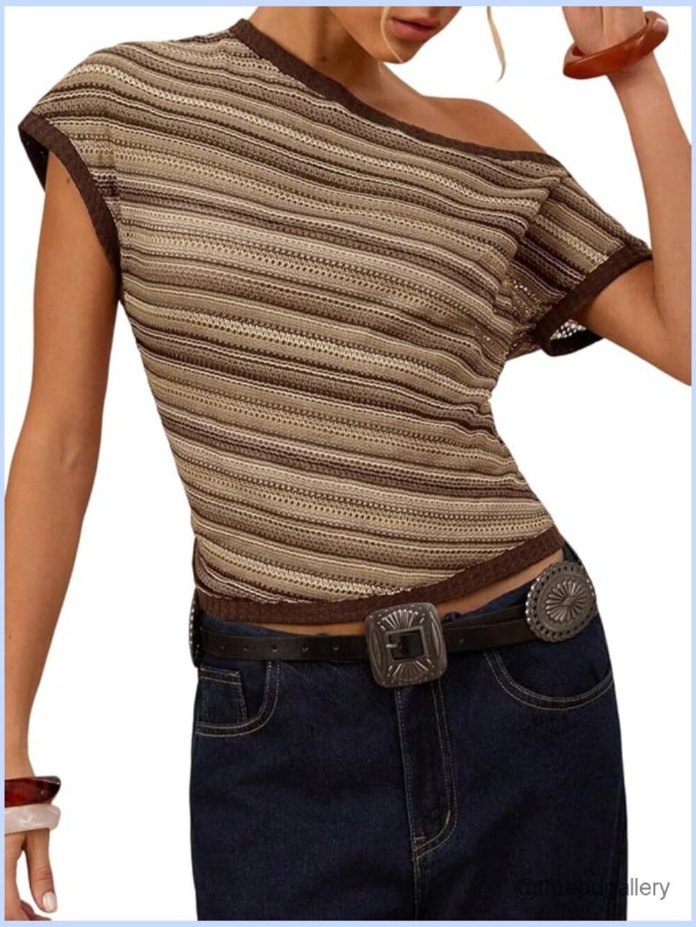 Off Shoulder Crop Top Short Sleeve Striped Slim Fit Crochet Summer Tee